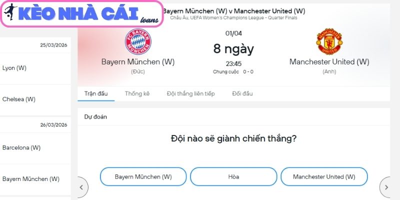 Kèo châu Á trận Bayern Munich Nữ vs Man Utd Nữ (23:45 ngày 01/04, C1 Châu Âu Nữ)